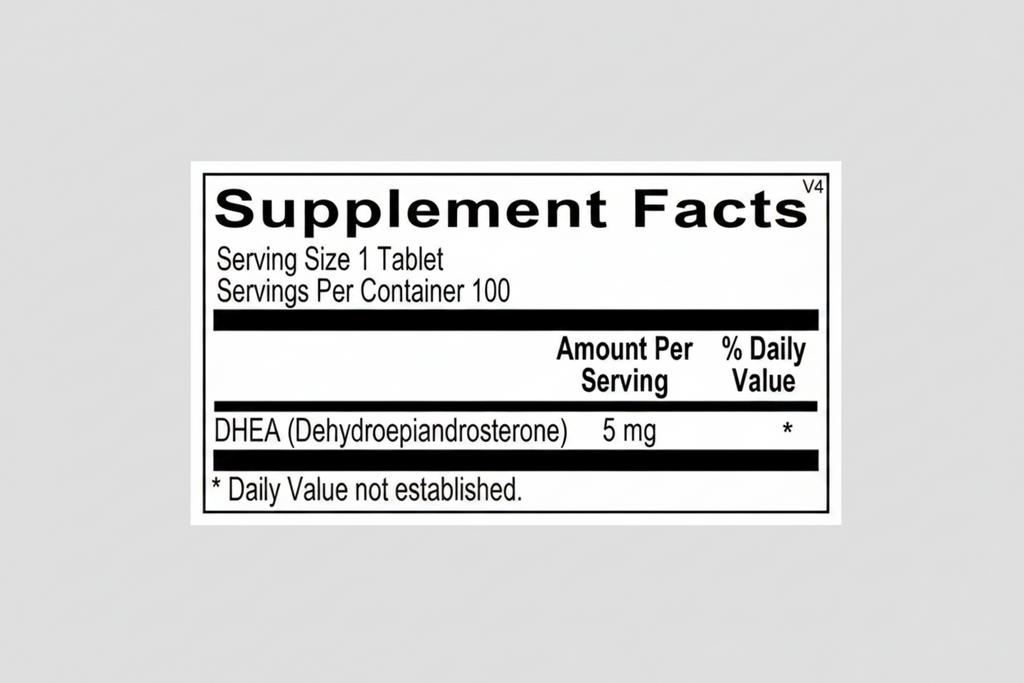Supplement facts label for DHEA with serving size and container information.