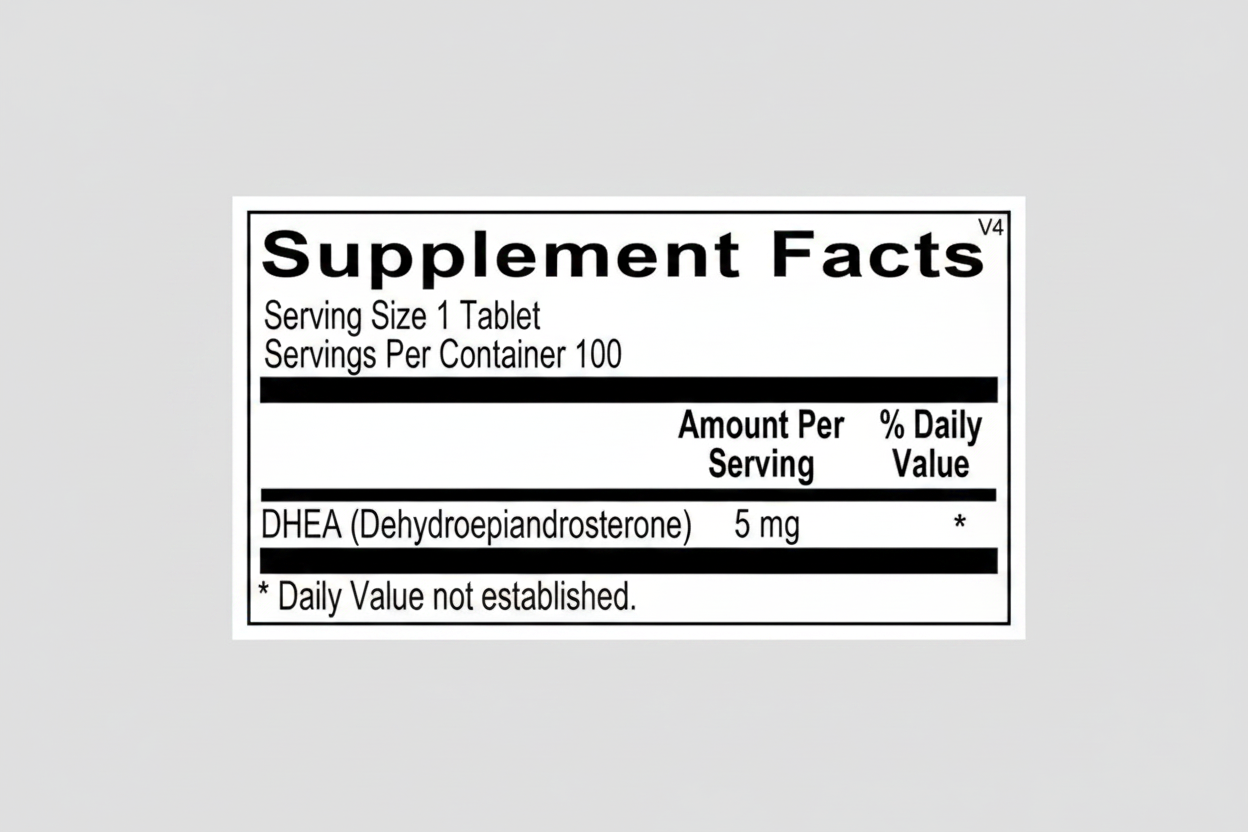 Supplement facts label for DHEA with serving size and container information.
