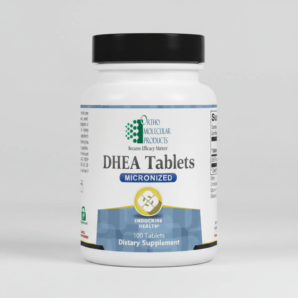 Bottle of Ortho Molecular Products DHEA Tablets on a white background