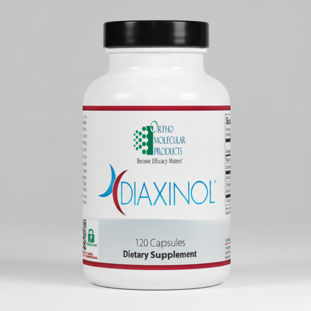 Bottle of Ortho Molecular Products Diaxinol dietary supplement on a white background