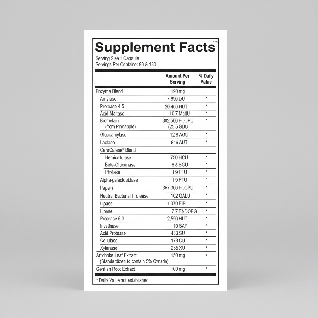 Supplement facts label with detailed nutritional information on a white background