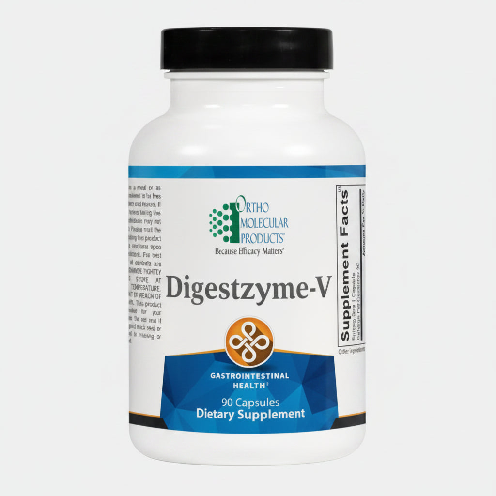 Supplement bottle labeled 'Digestzyme-V' by Ortho Molecular Products on a white background