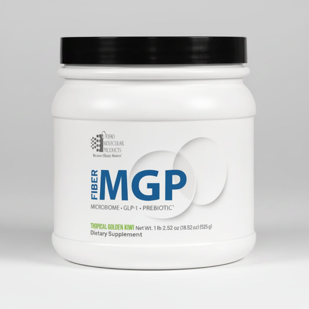 White supplement jar with black lid labeled 'Fiber MGP' on a white background