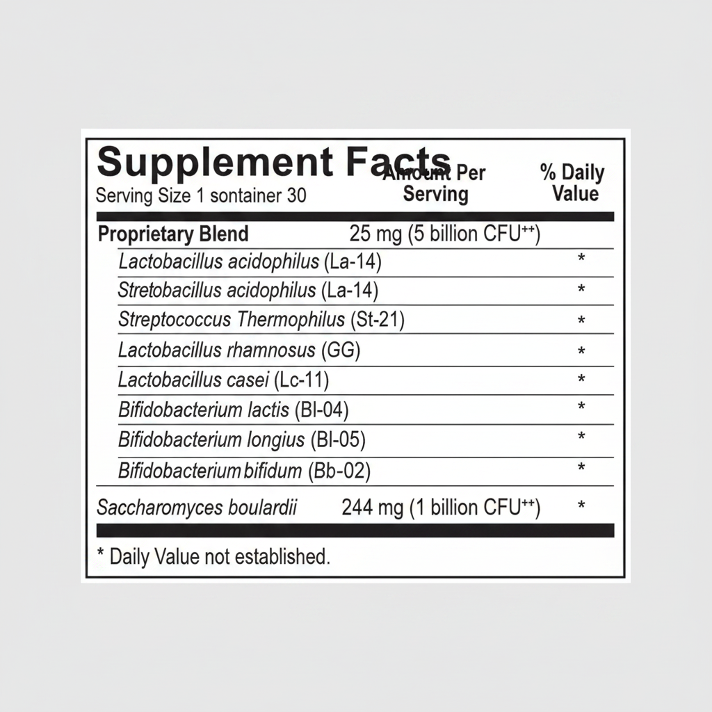 Supplement facts label with various probiotic strains listed on a white background