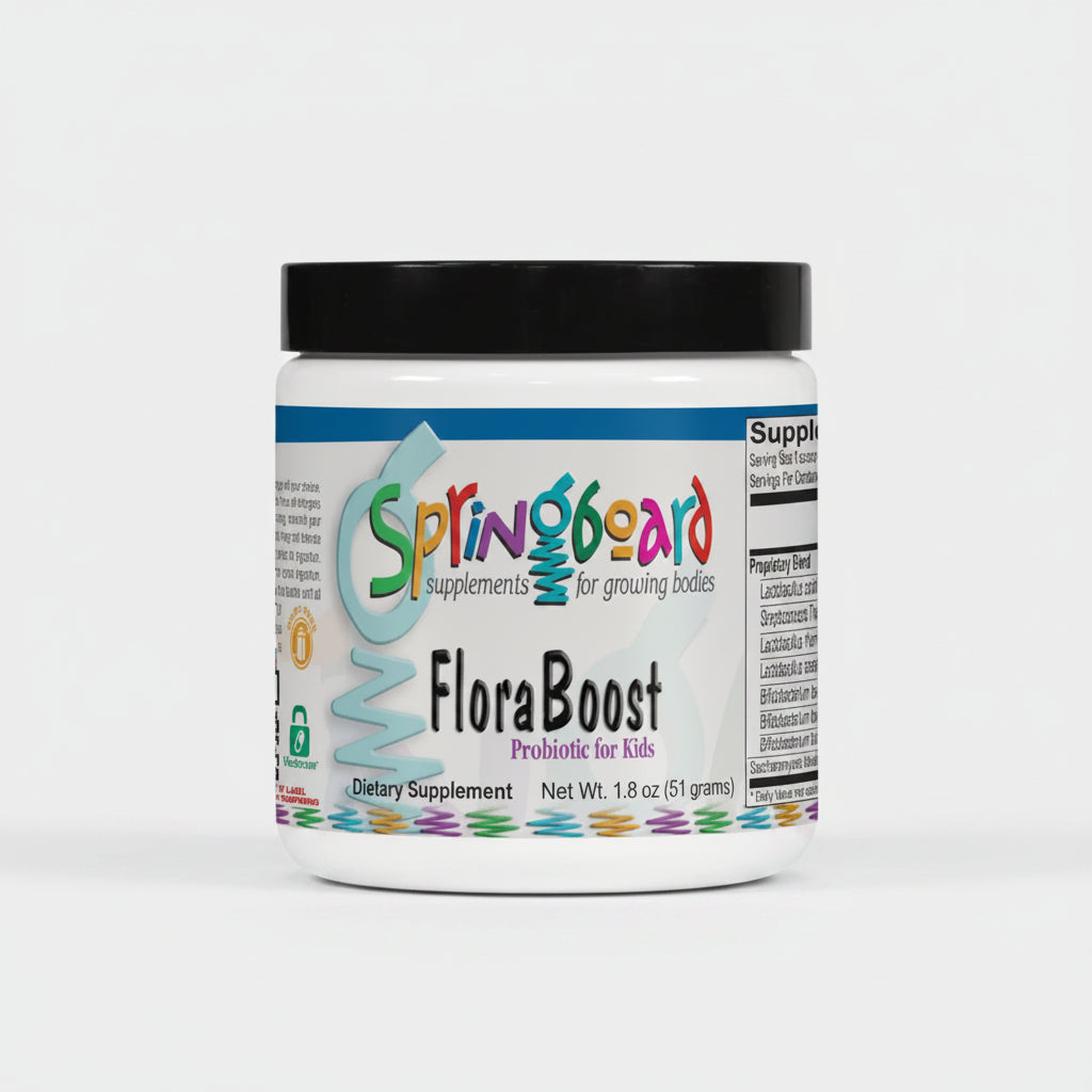 Springboard FloraBoost probiotic supplement for kids on a white background