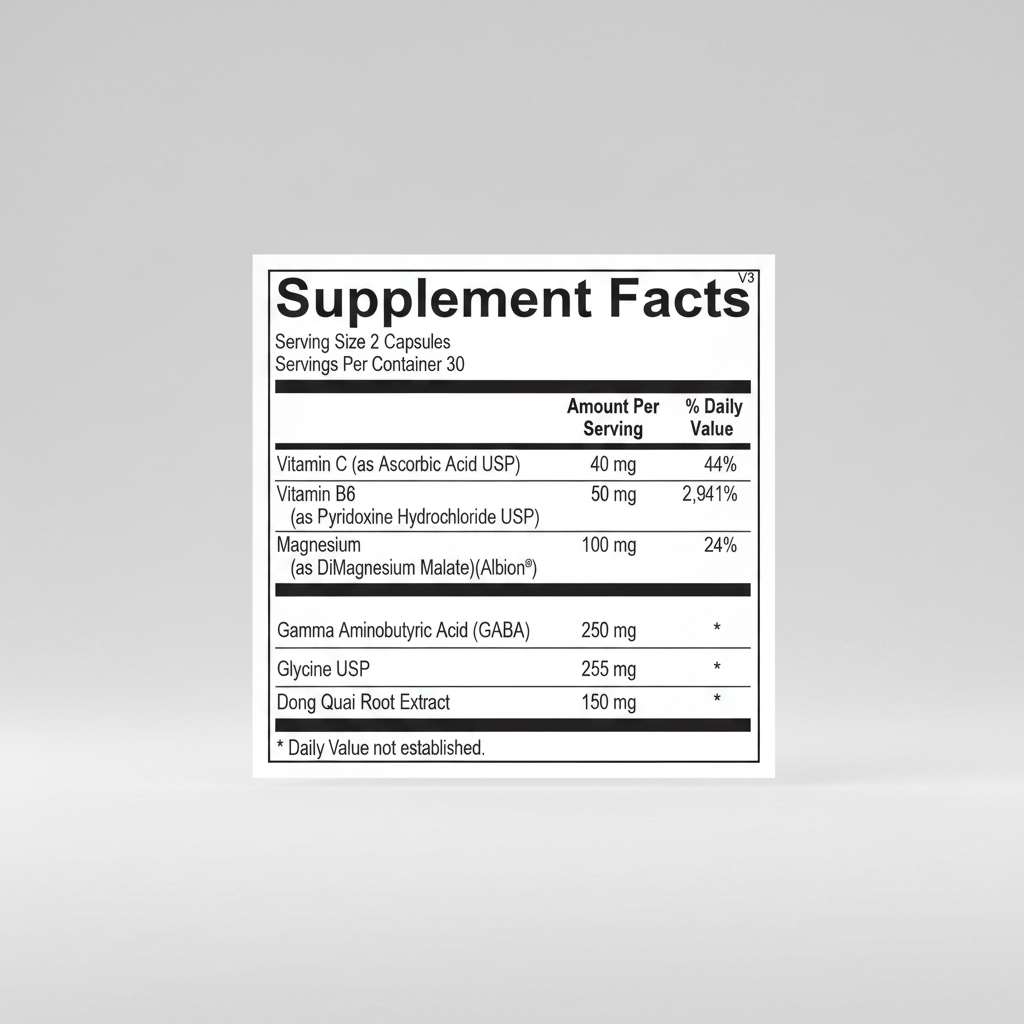 Supplement facts label with various vitamins and minerals listed