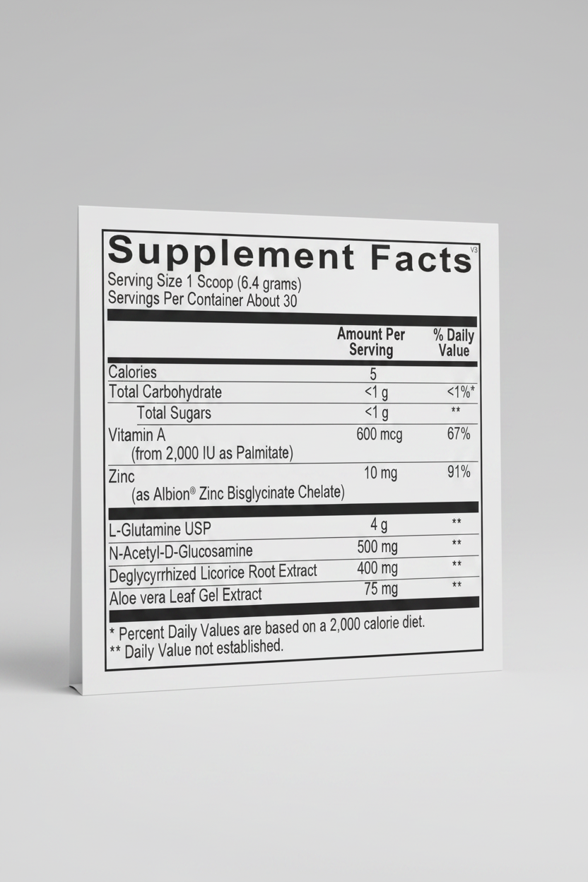 Supplement facts label with various nutrients and their amounts per serving