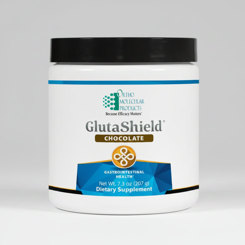 Jar of Ortho Molecular Products GlutaShield Chocolate dietary supplement on a white background