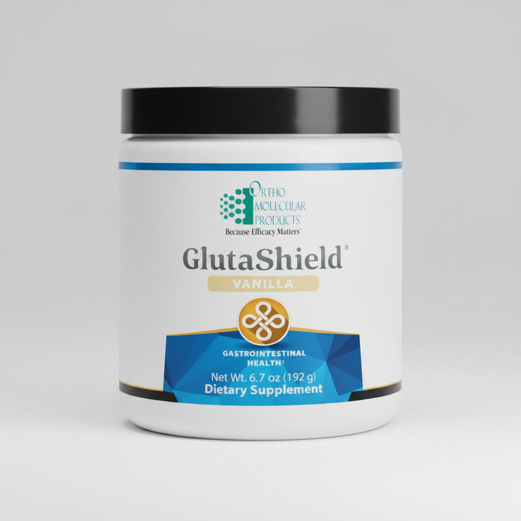 Ortho Molecular Products GlutaShield Vanilla dietary supplement jar on a white background