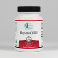 Supplement bottle labeled 'HepatoCORE' by Ortho Molecular Products on a white background