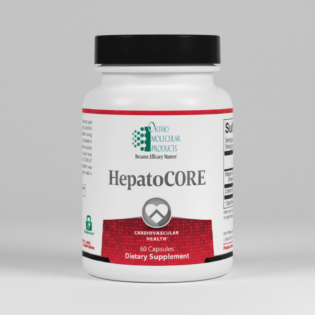 Supplement bottle labeled 'HepatoCORE' by Ortho Molecular Products on a white background