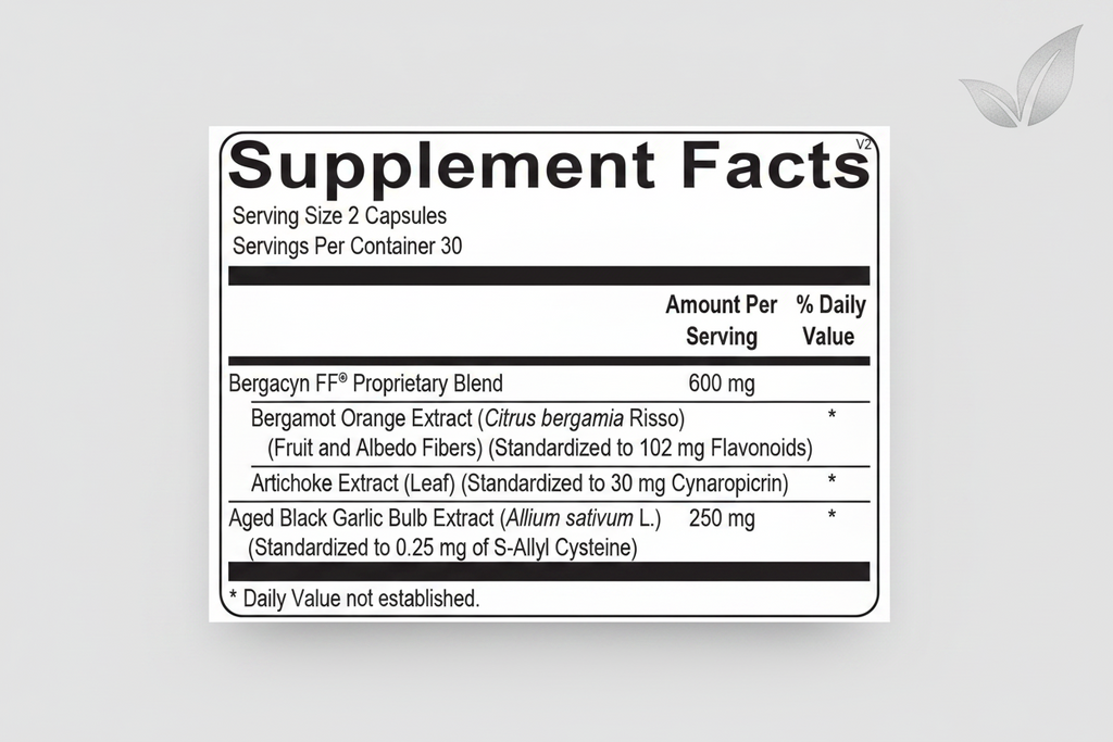 Supplement facts label with Bergacyn FF proprietary blend on a black background