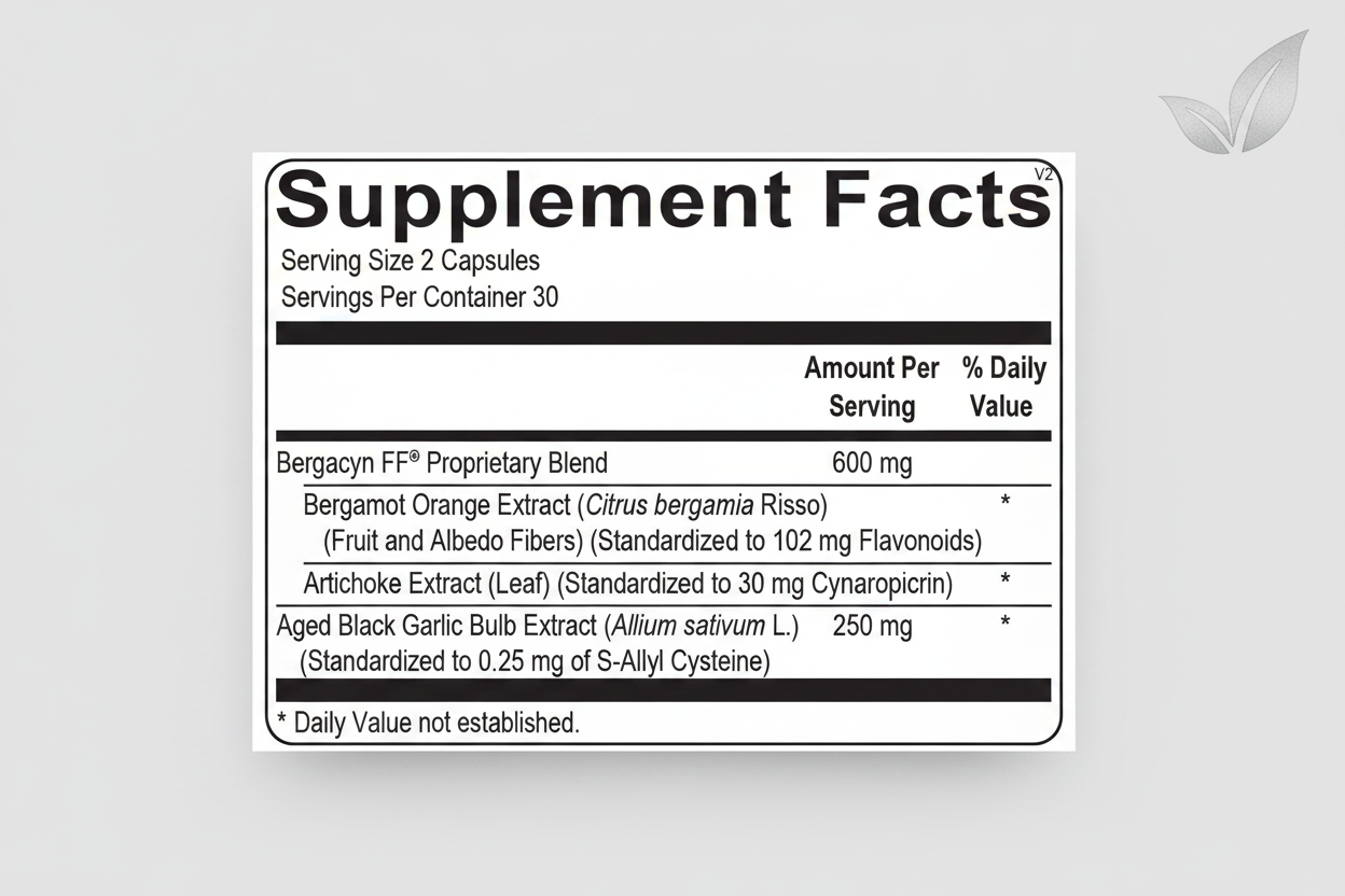 Supplement facts label with Bergacyn FF proprietary blend on a black background