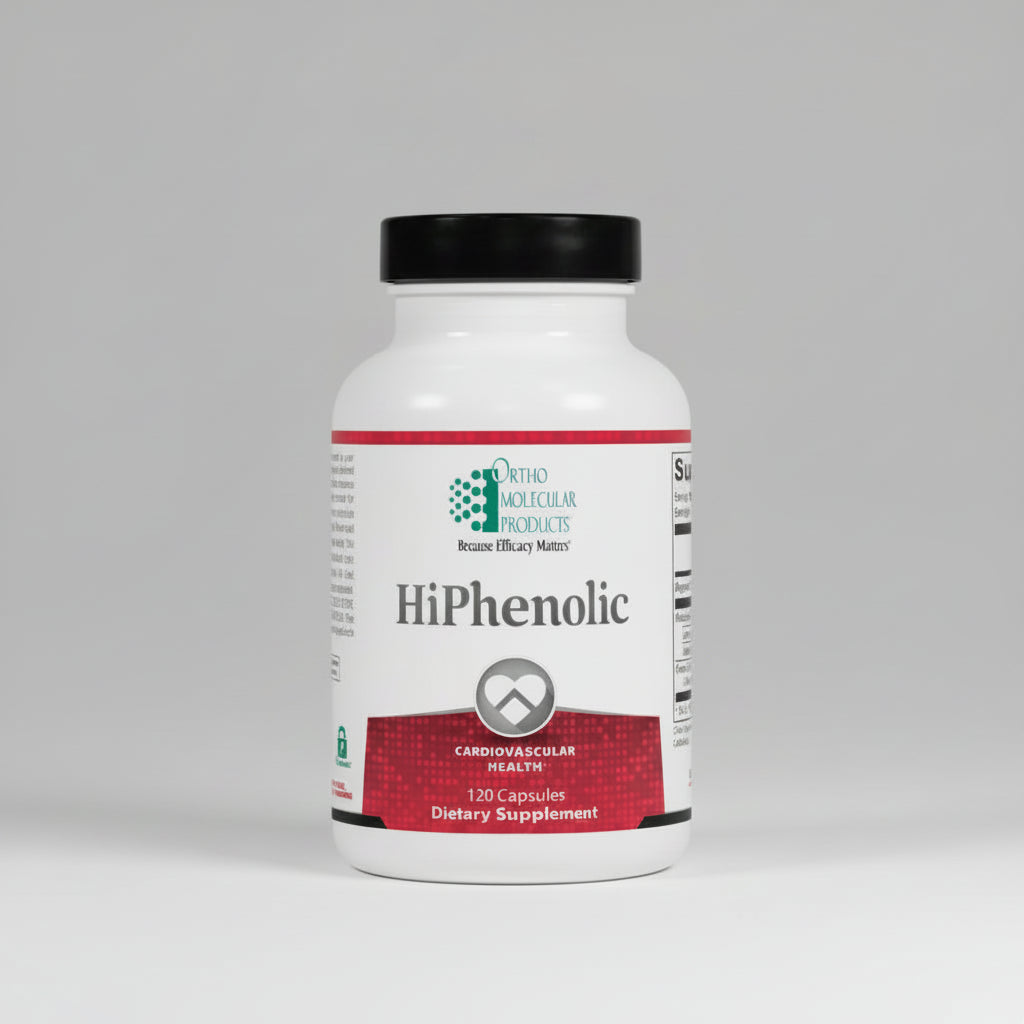 Supplement bottle labeled 'HiPhenolic' by Ortho Molecular Products on a white background