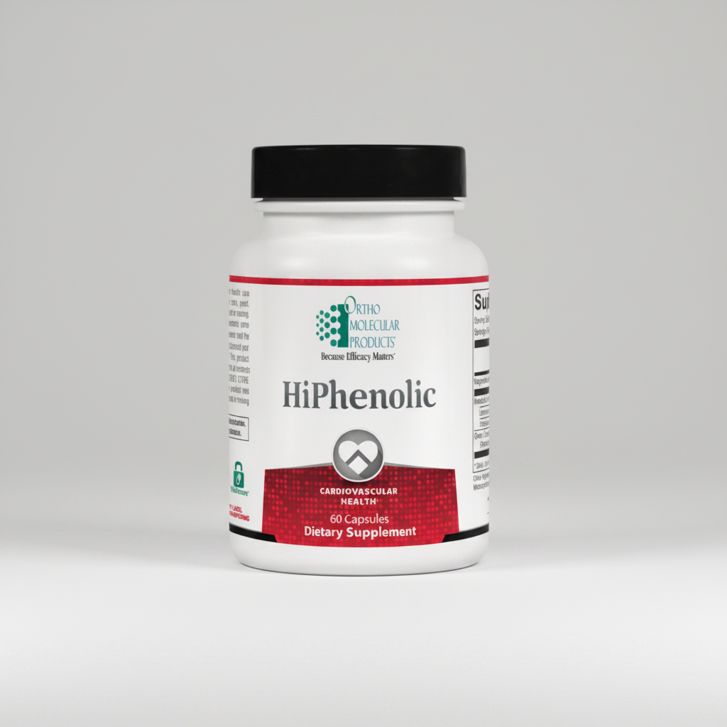 Supplement bottle labeled 'HiPhenolic' by Ortho Molecular Products on a white background