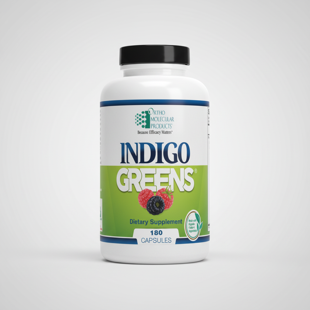 Supplement bottle labeled 'Indigo Greens' on a white background
