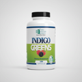 Supplement bottle labeled 'Indigo Greens' on a white background
