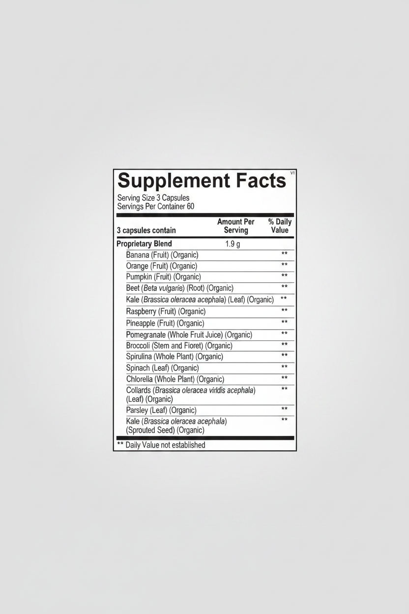 Supplement facts label with a proprietary blend of organic ingredients.