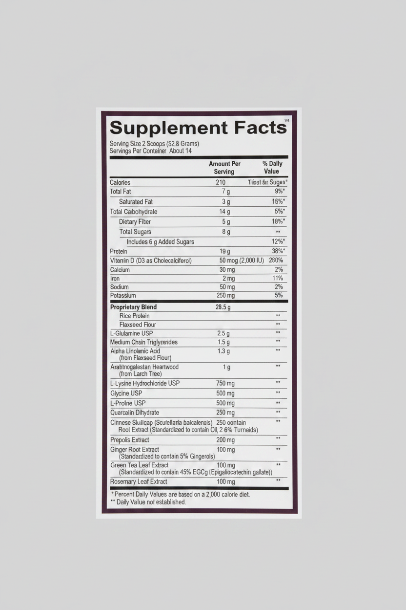 Supplement facts label with detailed nutritional information on a white background