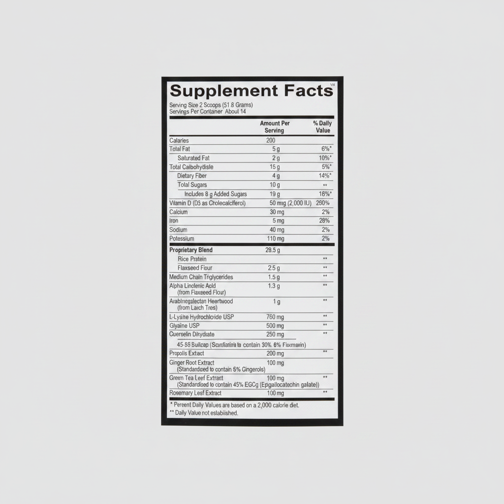 Nutritional supplement label with detailed ingredient list and serving size information.