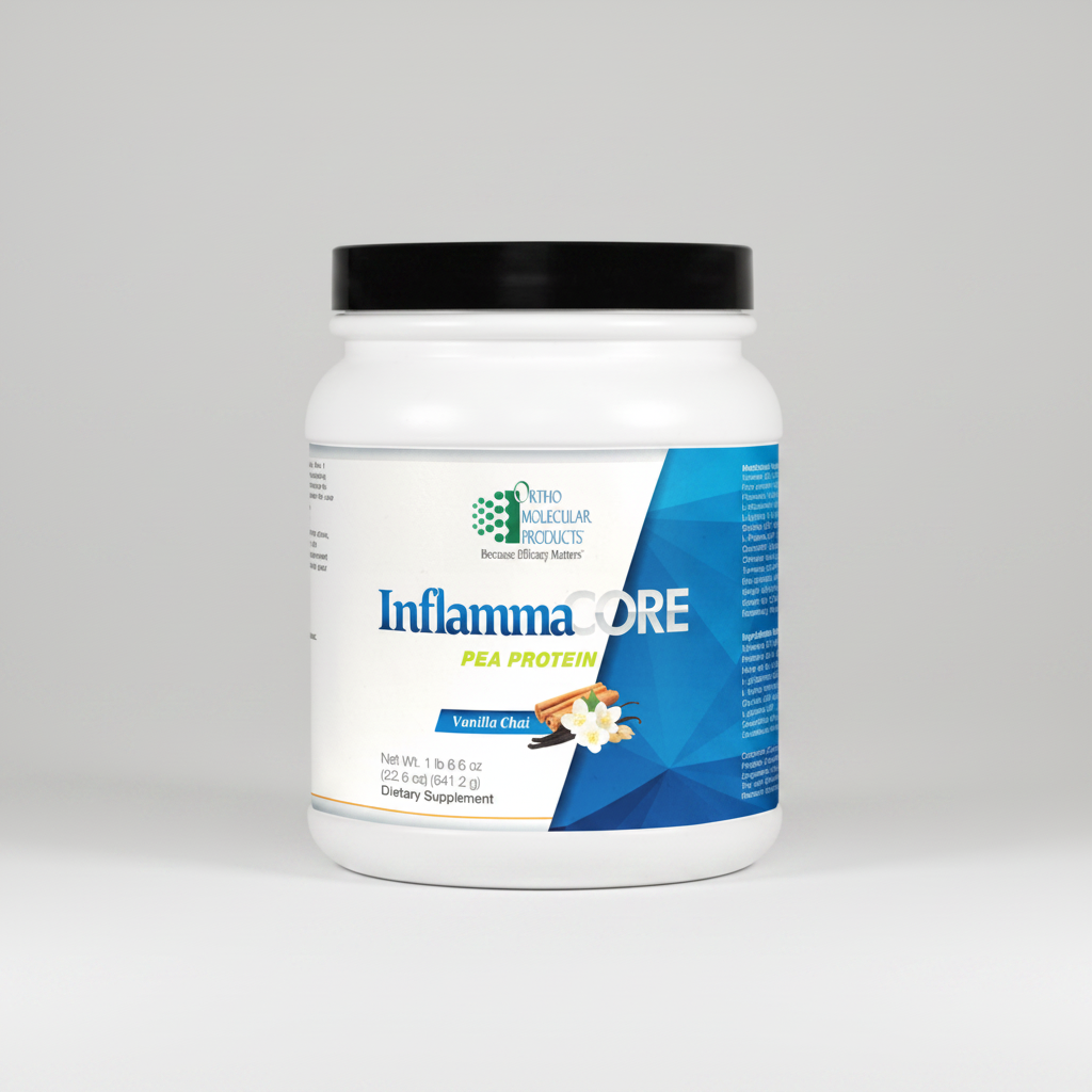 Container of Ortho Molecular Products InflammaCORE Pea Protein on a white background