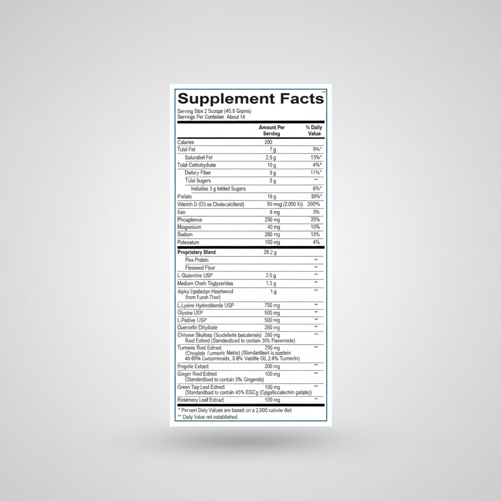 Supplement facts label for a dietary supplement with detailed nutritional information.