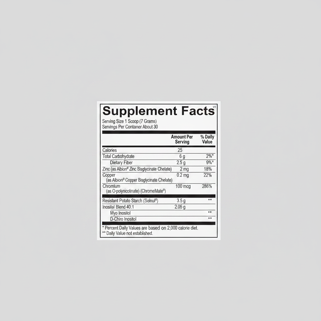 Supplement facts label with nutritional information on a white background