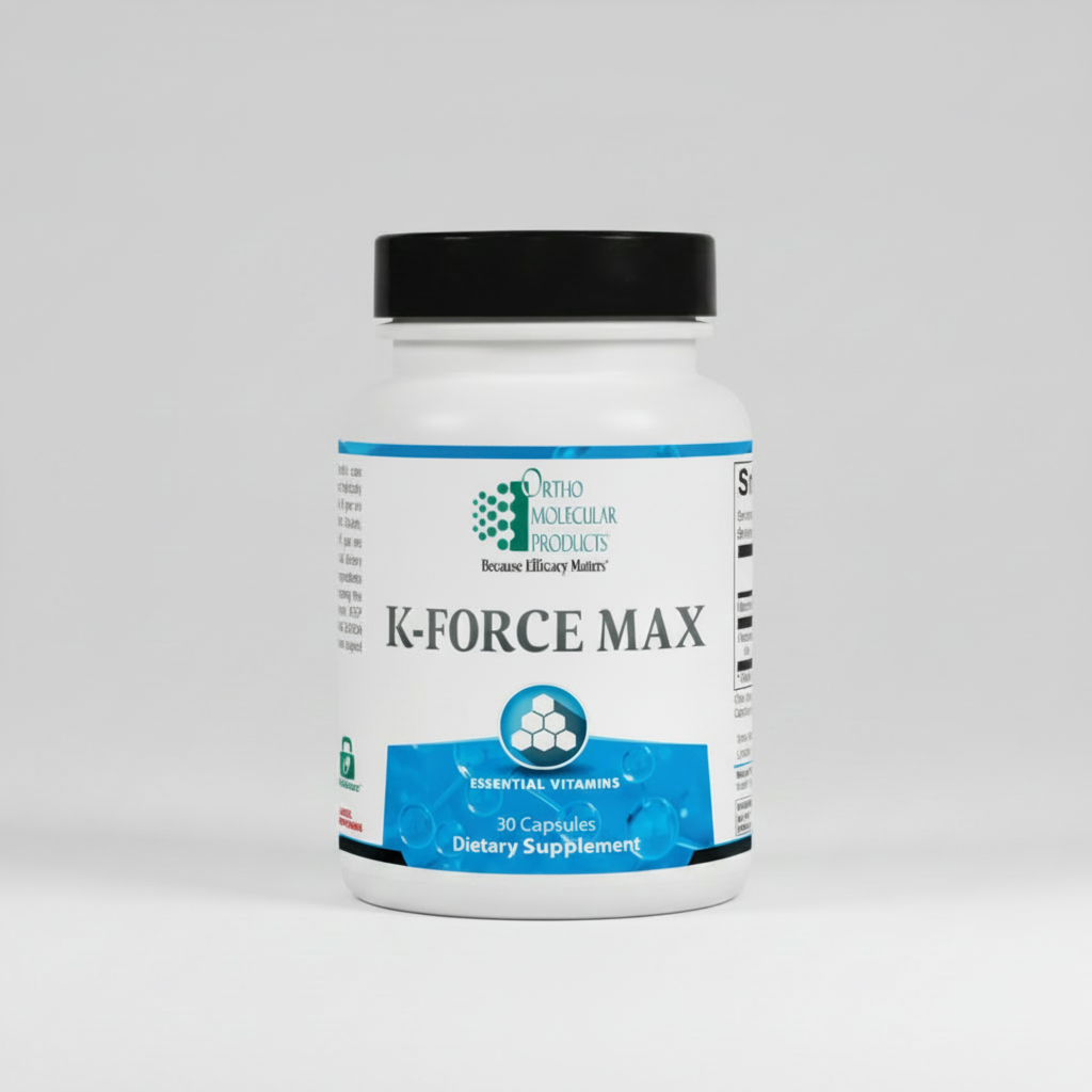 Supplement bottle labeled 'K-Force Max' by Ortho Molecular Products on a white background