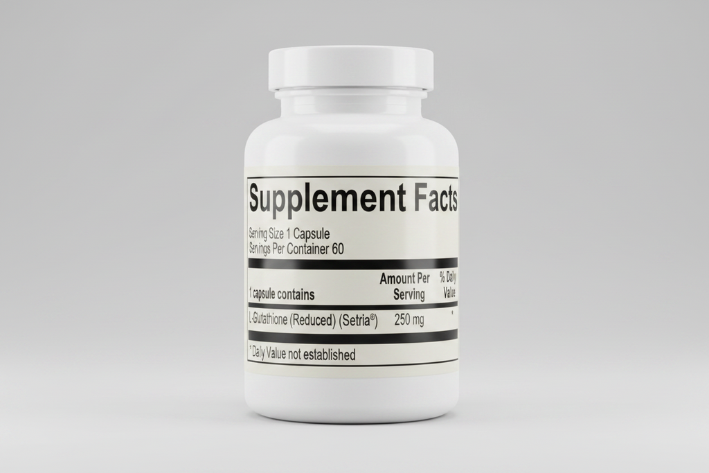 Supplement facts label for L-Glutathione (Reduced) with serving size and container details.