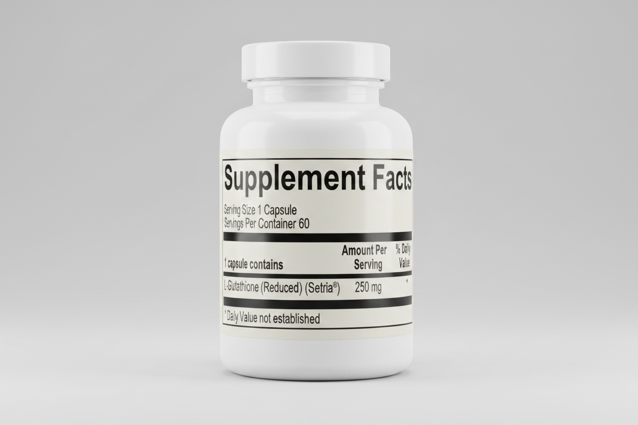 Supplement facts label for L-Glutathione (Reduced) with serving size and container details.