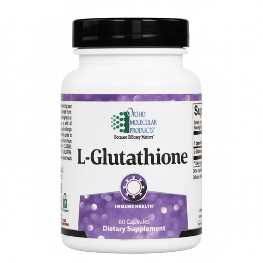 Supplement bottle labeled 'L-Glutathione' by Ortho Molecular Products on a white background