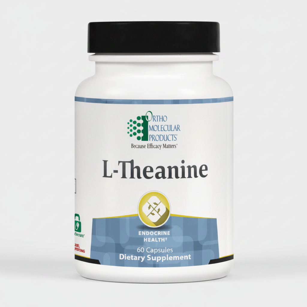 Supplement bottle labeled 'L-Theanine' by Ortho Molecular Products on a white background