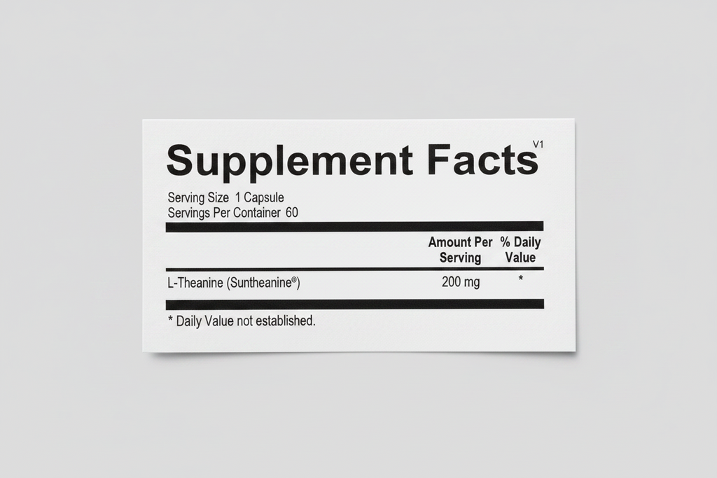 Supplement facts label with L-Theanine content on a white background