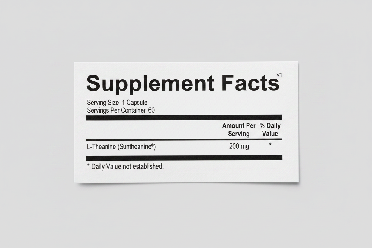 Supplement facts label with L-Theanine content on a white background