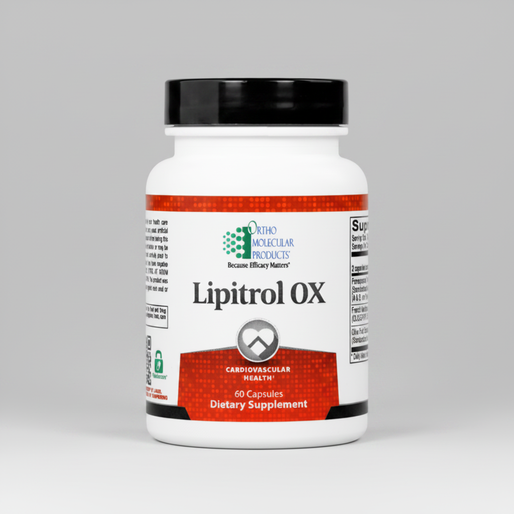 Supplement bottle labeled 'Lipitrol OX' by Ortho Molecular Products on a white background