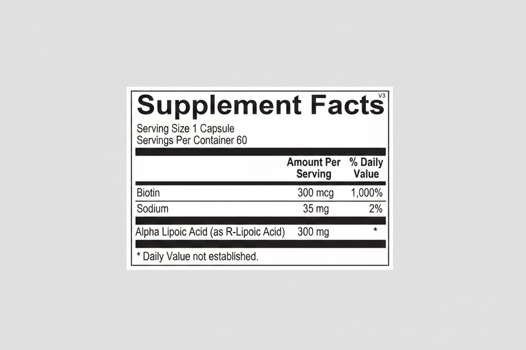 Supplement facts label with Biotin, Sodium, and Alpha Lipoic Acid information.