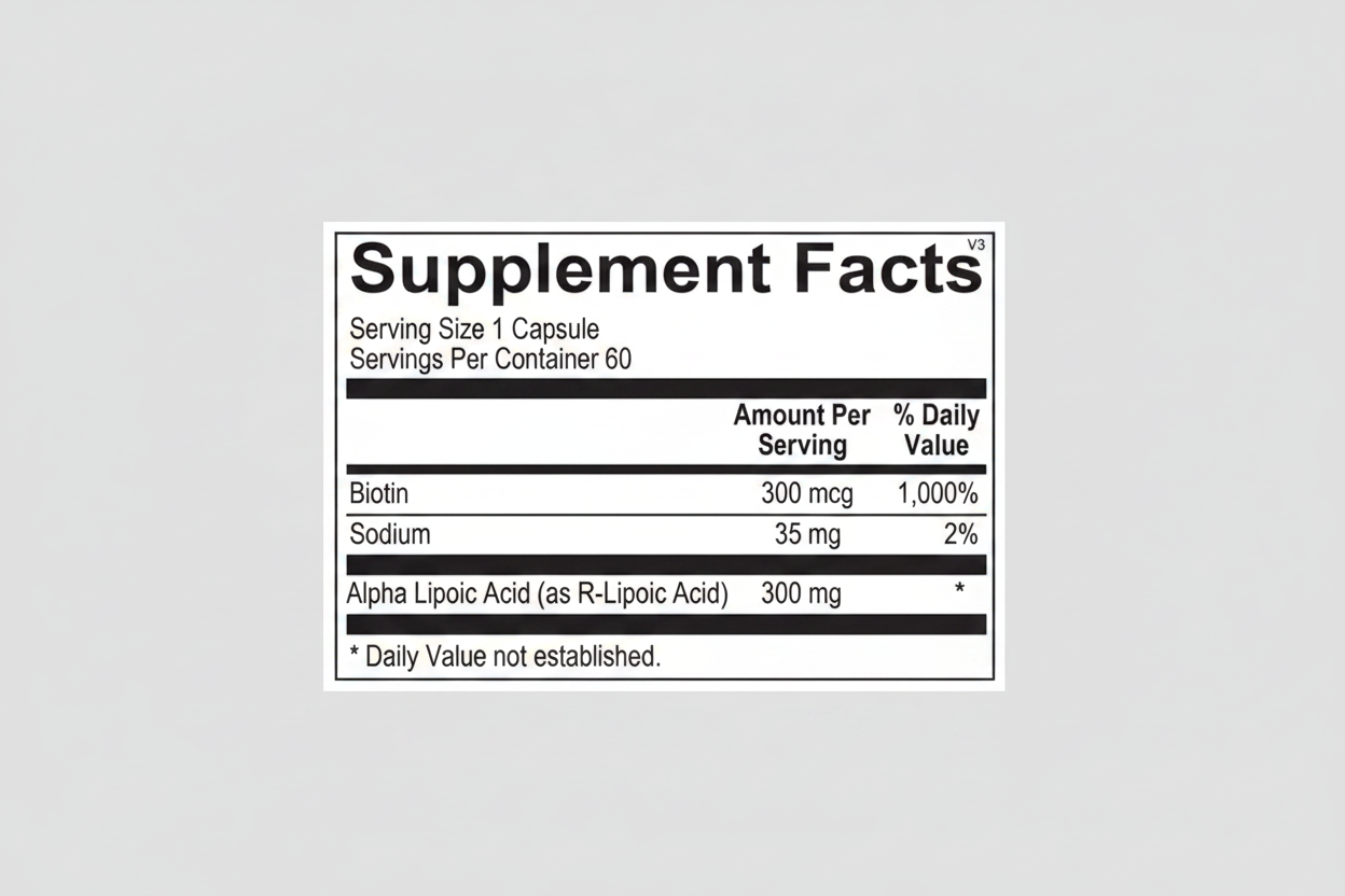 Supplement facts label with Biotin, Sodium, and Alpha Lipoic Acid information.