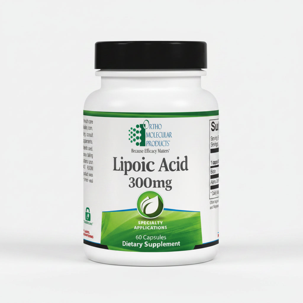 Supplement bottle labeled 'Lipoic Acid 300mg' by Ortho Molecular Products on a white background