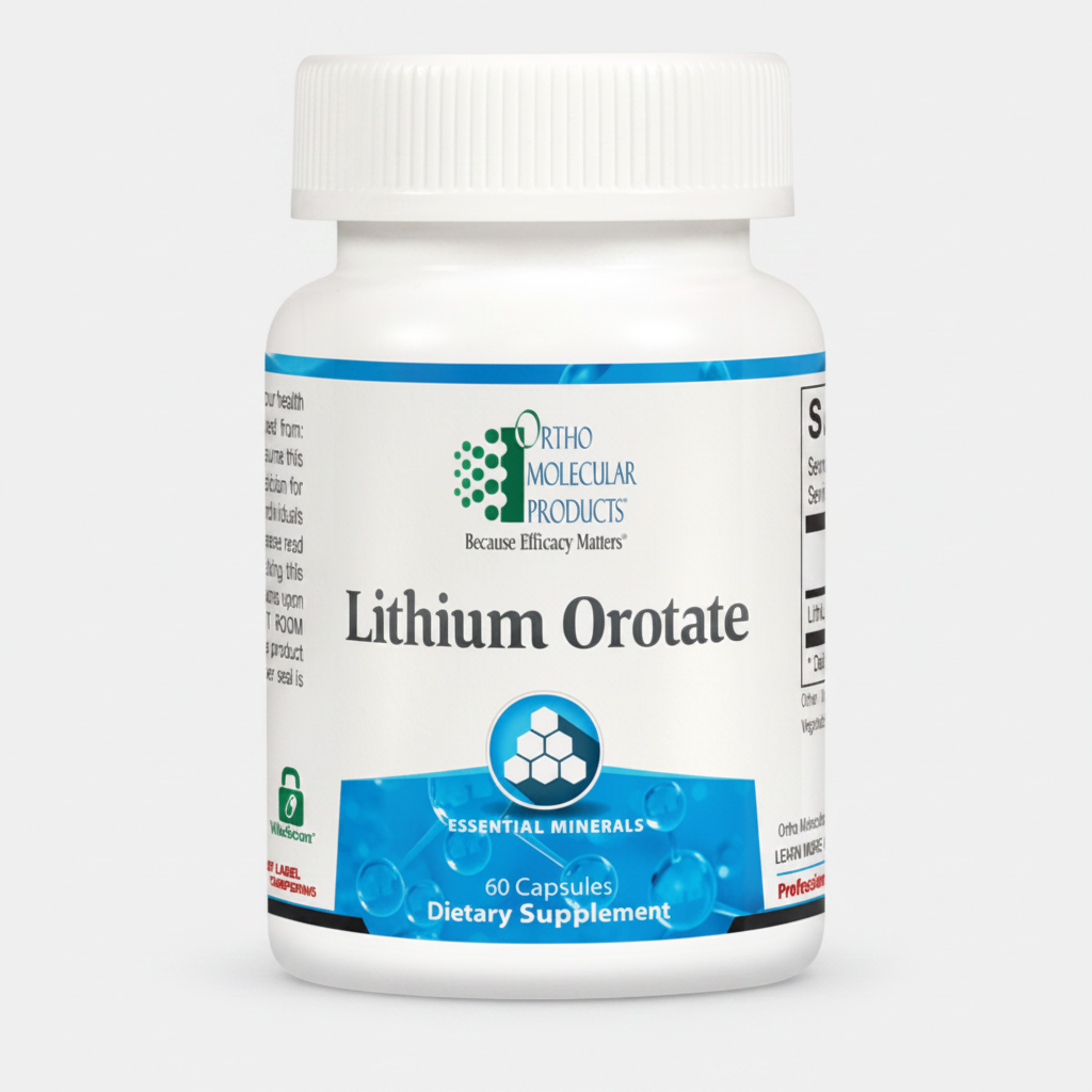 Supplement bottle labeled 'Lithium Orotate' by Ortho Molecular Products on a white background
