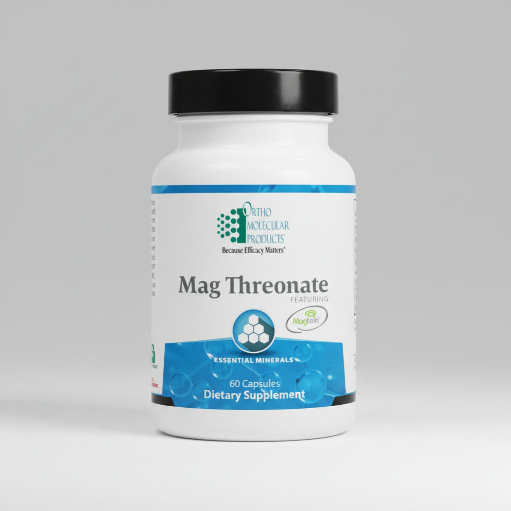 Supplement bottle labeled 'Mag Threonate' by Ortho Molecular Products on a white background