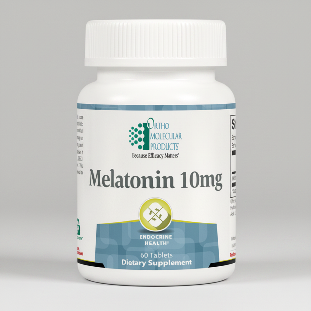 Bottle of Ortho Molecular Products Melatonin 10mg dietary supplement on a white background