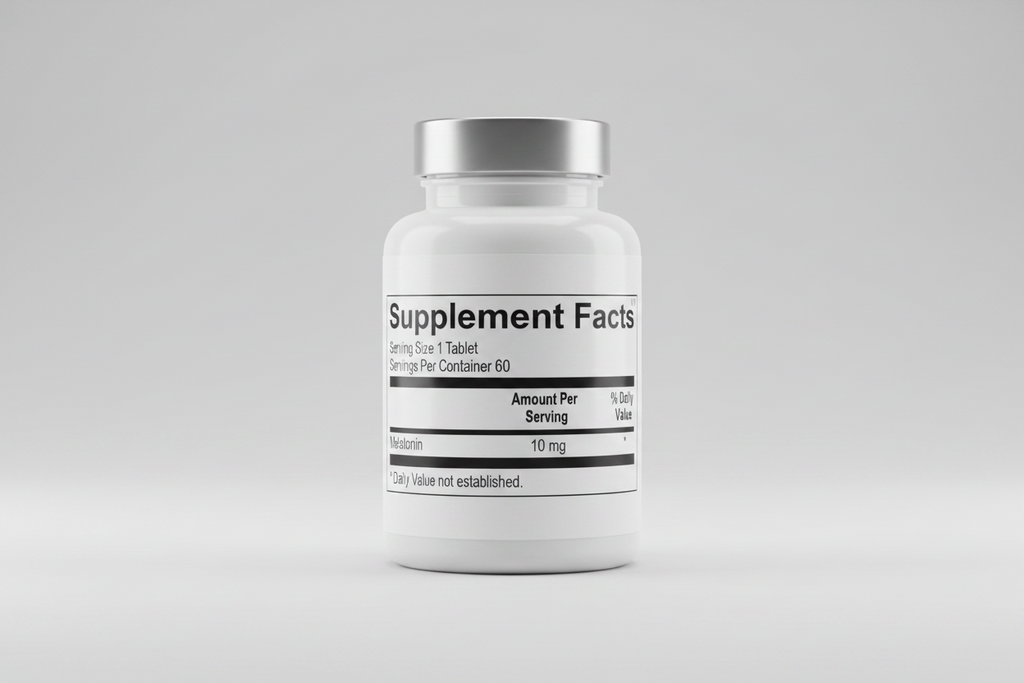 Supplement facts label with melatonin content on a white background