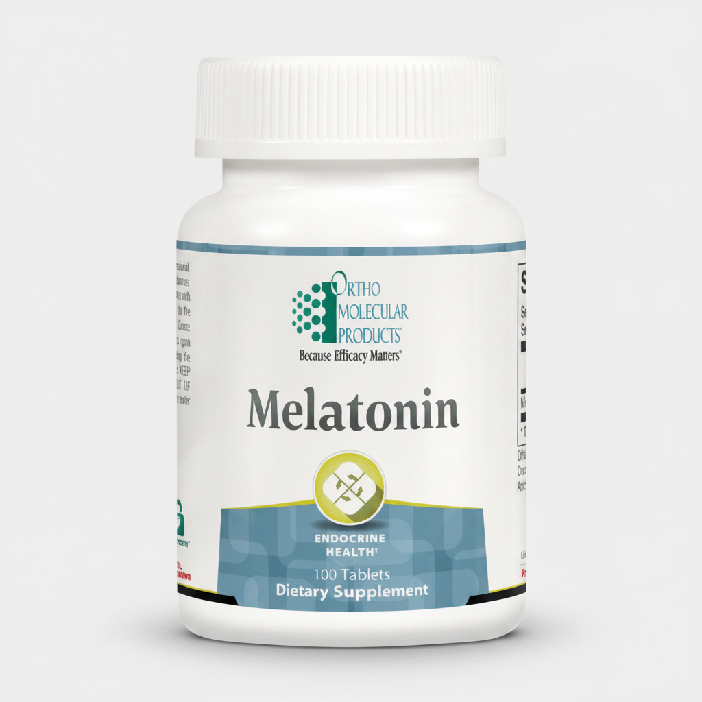 Bottle of Ortho Molecular Products Melatonin dietary supplement on a white background