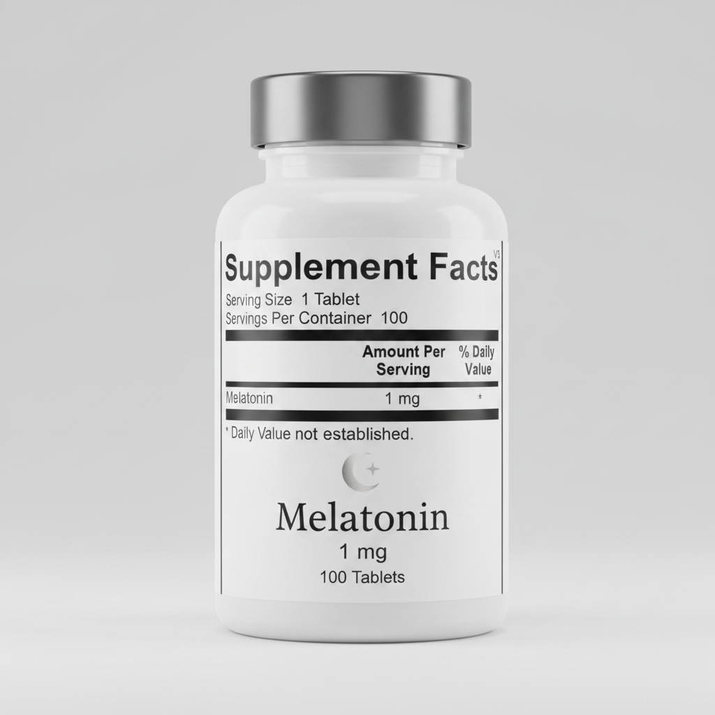 Supplement facts label for a tablet containing 1 mg of melatonin with serving size and container information.
