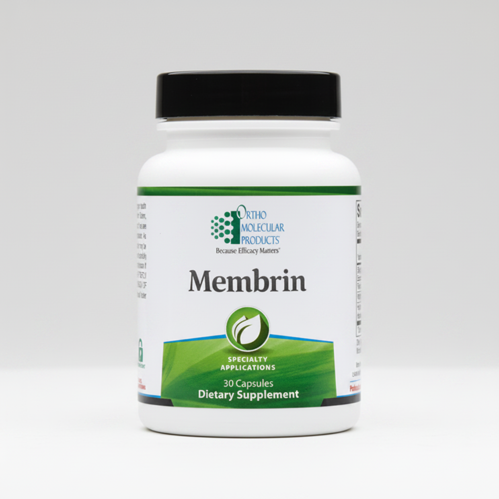 Supplement bottle labeled 'Membrin' by Ortho Molecular Products on a white background