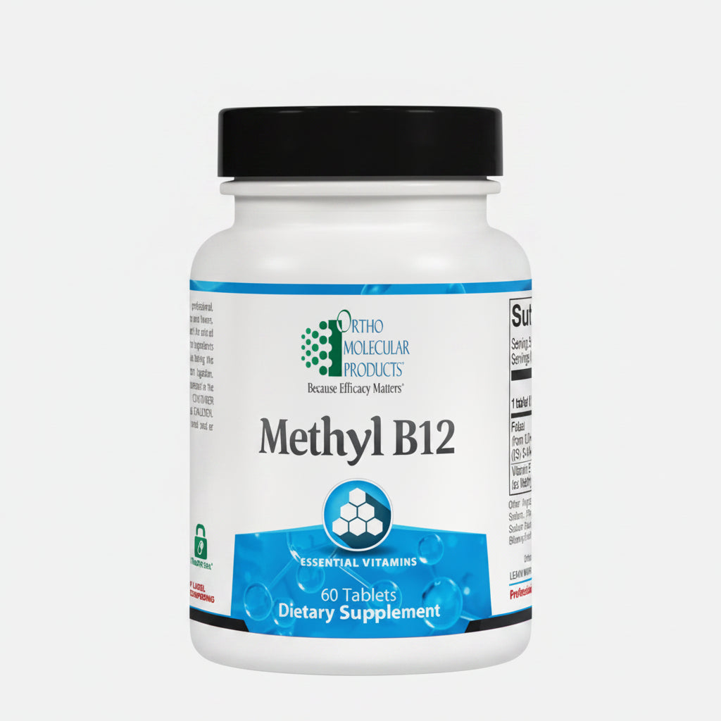 Supplement bottle labeled 'Methyl B12' by Ortho Molecular Products on a white background