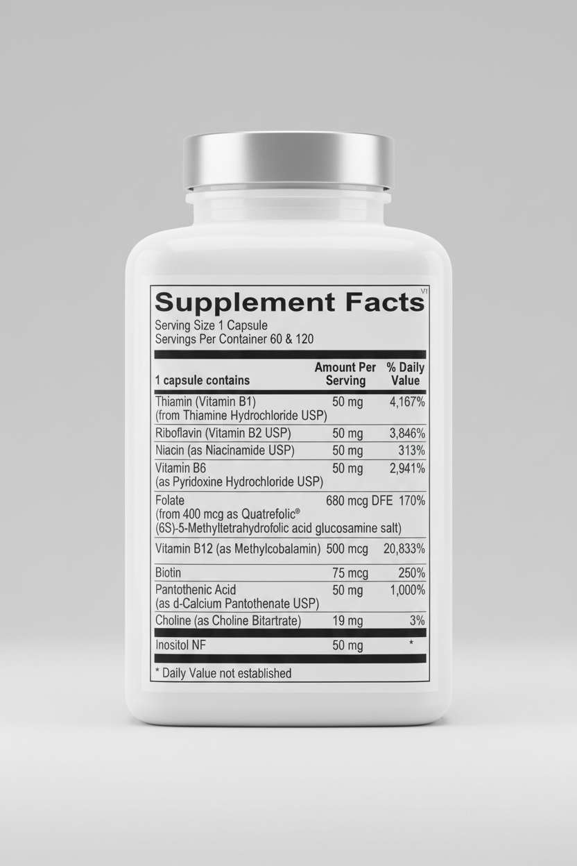 Supplement facts label for a capsule containing various vitamins and minerals.
