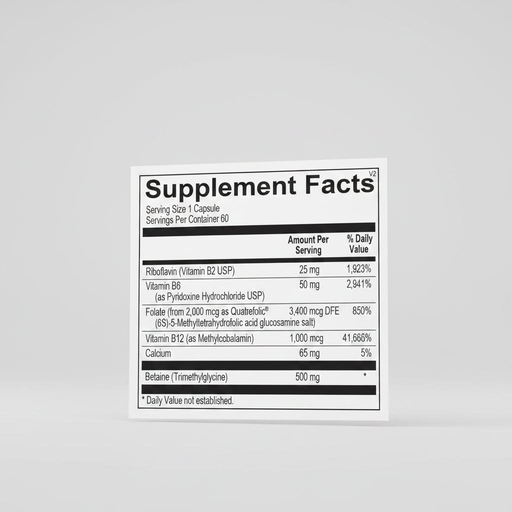 Supplement facts label with various vitamins and minerals listed