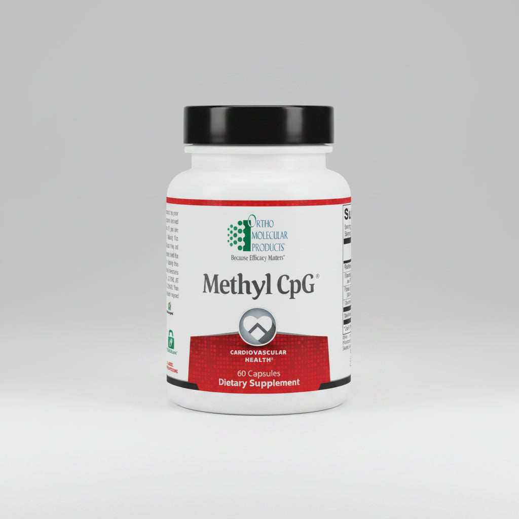 Supplement bottle labeled 'Methyl CpG' by Ortho Molecular Products on a white background