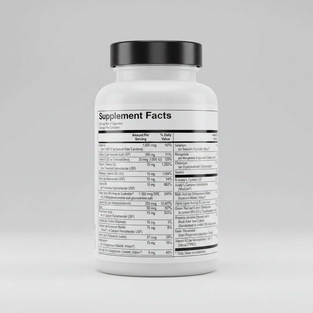 Supplement facts label with detailed nutritional information on a white background